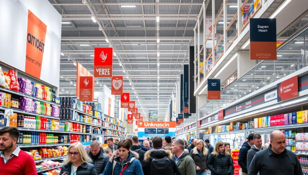 A bustling German hypermarket, its expansive aisles filled with a diverse array of goods and shoppers eagerly seeking out the best deals. Bright, diffused lighting illuminates the scene, highlighting the vibrant colors and textures of the products on display. In the foreground, shoppers peruse the aisles, their expressions a mix of concentration and excitement as they sift through the abundance of options. The middle ground reveals towering shelves stocked with an array of household items, electronics, and specialty goods, while the background showcases the grand architectural design of the hypermarket, with its high ceilings and sleek, modern aesthetic. The overall atmosphere conveys a sense of exploration and discovery, where the thrill of finding the perfect bargain is palpable.