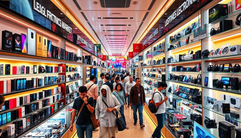 A bustling electronics market in Dubai airport's duty-free zone, showcasing a vibrant array of the latest gadgets and tech accessories. Sleek smartphones, high-end headphones, and cutting-edge cameras line the shelves, illuminated by the warm glow of display lighting. Shoppers browse the selection, examining products with keen interest as they navigate the busy walkways. The scene is characterized by a sense of excitement and discovery, with a touch of luxury befitting the opulent airport setting. Capture the scene from a mid-level perspective, providing a comprehensive view of the diverse electronics on offer and the lively, cosmopolitan atmosphere. A bustling electronics market in Dubai airport's duty-free zone, showcasing a vibrant array of the latest gadgets and tech accessories. Sleek smartphones, high-end headphones, and cutting-edge cameras line the shelves, illuminated by the warm glow of display lighting. Shoppers browse the selection, examining products with keen interest as they navigate the busy walkways. The scene is characterized by a sense of excitement and discovery, with a touch of luxury befitting the opulent airport setting. Capture the scene from a mid-level perspective, providing a comprehensive view of the diverse electronics on offer and the lively, cosmopolitan atmosphere.