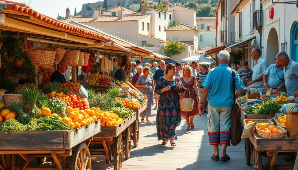 A bustling open-air market in a traditional Cypriot town, sun-dappled stalls displaying an array of local produce and handicrafts. Weathered wooden carts overflow with vibrant citrus fruits, fragrant herbs, and handwoven baskets. Vendors in colorful traditional garb enthusiastically showcase their wares, engaging passersby. In the background, historic buildings with terracotta roofs and whitewashed walls create a picturesque Mediterranean ambiance. Warm, golden light filters through the scene, evoking a sense of timeless, authentic charm. Pedestrians meander through the lively market, immersed in the sights, sounds, and aromas of this quintessential Cypriot shopping experience. A bustling open-air market in a traditional Cypriot town, sun-dappled stalls displaying an array of local produce and handicrafts. Weathered wooden carts overflow with vibrant citrus fruits, fragrant herbs, and handwoven baskets. Vendors in colorful traditional garb enthusiastically showcase their wares, engaging passersby. In the background, historic buildings with terracotta roofs and whitewashed walls create a picturesque Mediterranean ambiance. Warm, golden light filters through the scene, evoking a sense of timeless, authentic charm. Pedestrians meander through the lively market, immersed in the sights, sounds, and aromas of this quintessential Cypriot shopping experience.