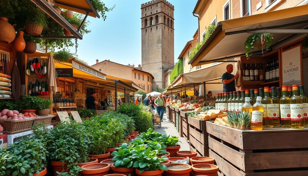 A bustling outdoor market in a picturesque Italian town, sun-dappled stalls overflowing with vibrant produce, handcrafted souvenirs, and tantalizing culinary delights. In the foreground, rows of terracotta pots brimming with fragrant herbs, a mosaic of colors and textures. In the middle ground, wooden crates display artisanal cheeses, salami, and bottles of premium olive oil, their labels showcasing the region's proud heritage. In the background, a grand cathedral tower looms, its weathered facade a testament to Italy's storied past. The scene is bathed in a warm, golden light, capturing the essence of Italy's rich culinary and cultural tapestry.