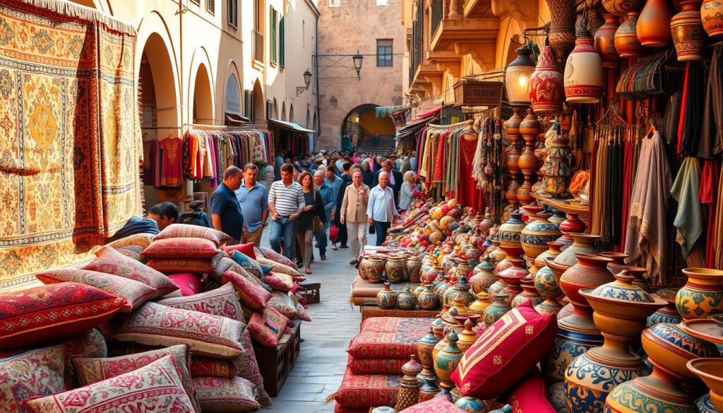 A bustling outdoor marketplace in Tunis, Tunisia, overflowing with vibrant handcrafted wares and local delicacies. In the foreground, intricate Berber rugs, embroidered cushions, and ornate ceramic pottery catch the eye. Middle ground showcases colorful stalls selling traditional clothing, scarves, and leather goods. The background features a mix of medieval architecture and lively crowds haggling for the best deals. Warm, golden sunlight filters through the narrow alleyways, casting a welcoming glow over the scene. The atmosphere is lively, authentic, and brimming with the colors and textures of Tunisian culture, inviting the viewer to immerse themselves in the ultimate shopping experience.