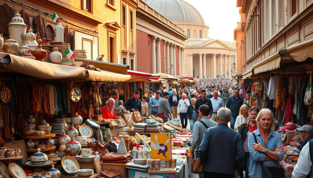 A bustling street market in the heart of Rome, Italy, filled with vibrant stalls showcasing an array of local souvenirs and handicrafts. In the foreground, vendors display their wares, including traditional Italian ceramics, intricate leather goods, and colorful textiles. The middle ground features shoppers carefully browsing and haggling, capturing the lively energy of the marketplace. In the background, the iconic architecture of ancient Rome, such as domes and columns, provide a stunning backdrop, bathed in warm, golden sunlight. The overall scene conveys the dynamic shopping experience and the costs associated with acquiring authentic Roman mementos.