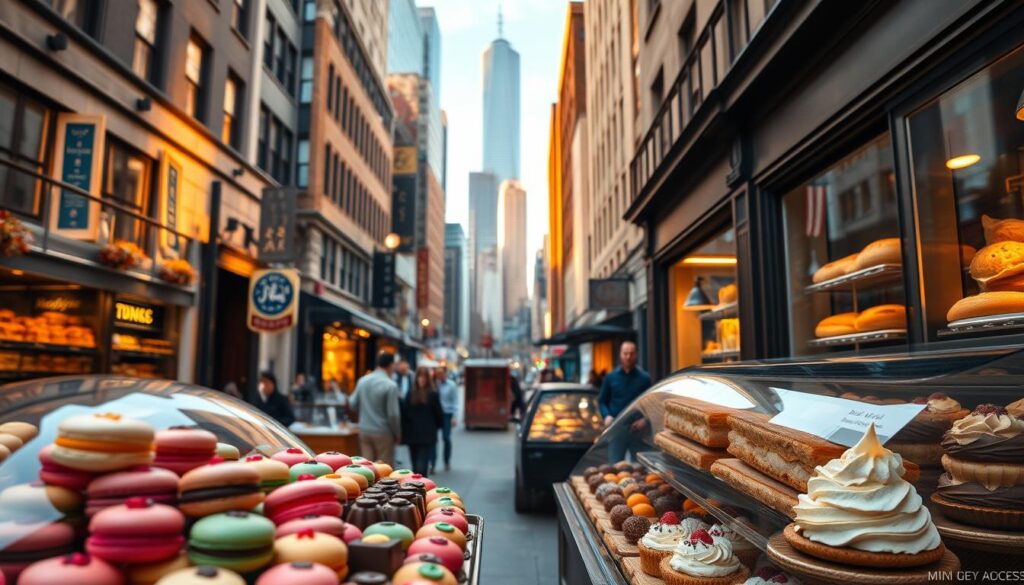 A bustling street scene in New York City, showcasing an array of tempting sweets and delectable treats. In the foreground, a vibrant display of colorful macarons, artisanal chocolates, and gourmet pastries lures passersby. The middle ground features a quaint bakery, its windows filled with fresh-baked breads and enticing desserts. In the background, the iconic skyscrapers of Manhattan's skyline loom, casting a warm, golden glow over the scene. The lighting is soft and diffused, creating a cozy, inviting atmosphere, perfect for capturing the essence of New York's culinary delights as souvenirs and gifts. A bustling street scene in New York City, showcasing an array of tempting sweets and delectable treats. In the foreground, a vibrant display of colorful macarons, artisanal chocolates, and gourmet pastries lures passersby. The middle ground features a quaint bakery, its windows filled with fresh-baked breads and enticing desserts. In the background, the iconic skyscrapers of Manhattan's skyline loom, casting a warm, golden glow over the scene. The lighting is soft and diffused, creating a cozy, inviting atmosphere, perfect for capturing the essence of New York's culinary delights as souvenirs and gifts.