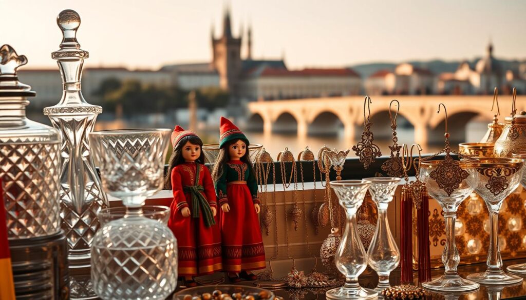 A captivating vignette of unique Prague souvenirs, bathed in warm, golden light. In the foreground, an assortment of hand-crafted Bohemian crystal glassware, each piece a masterful display of intricate, faceted patterns. Arranged alongside them, traditional wooden marionettes in vibrant, whimsical costumes, their delicate features exuding a sense of timeless craftsmanship. In the middle ground, a selection of intricate, filigree-adorned jewelry pieces, their ornate designs reflecting the city's rich cultural heritage. Finally, in the background, a subtle glimpse of the iconic Prague Castle and the historic Charles Bridge, providing a majestic, cinematic backdrop to this curated collection of unique Prague souvenirs.