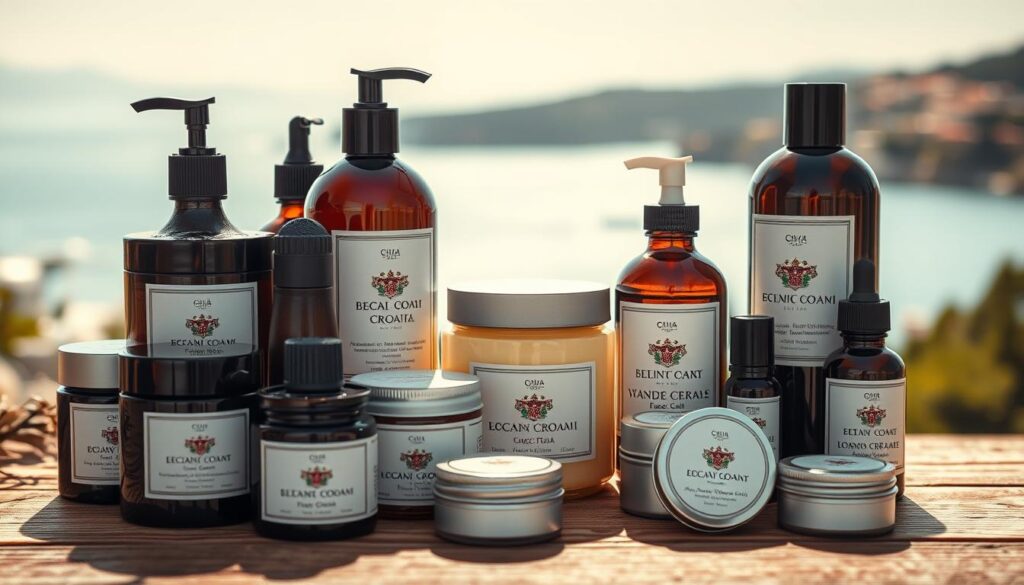 A close-up display of various Croatian cosmetic products, artfully arranged on a wooden surface. The products include jars of face creams, bottles of essential oils, and small tins of lip balms, each with elegant, minimalist packaging and labels showcasing Croatian motifs and designs. The lighting is soft and natural, highlighting the high-quality textures and colors of the items. The overall atmosphere conveys a sense of local craftsmanship, wellness, and the natural beauty of Croatia. In the background, a blurred, scenic view of a Croatian coastline or rolling hills provides a tranquil, picturesque setting.