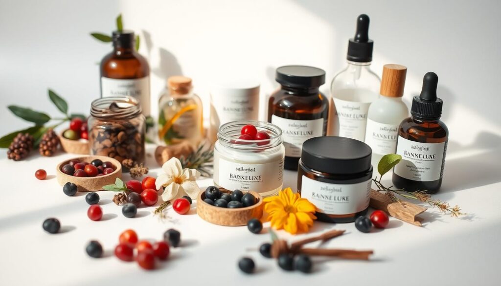A close-up shot of an assortment of natural Swedish skincare products arranged on a minimalist white background. The items include jars and bottles showcasing organic ingredients such as berries, herbs, and botanicals. Soft, diffused lighting from the side creates a warm, inviting atmosphere, highlighting the natural textures and colors of the products. The layout is visually balanced, with the items positioned to showcase their tactile quality and premium aesthetic. An overall soothing, Nordic-inspired ambiance evokes a sense of purity, wellness, and high-quality craftsmanship.