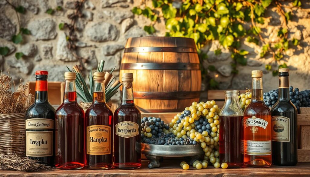 A cozy, rustic scene of traditional Bulgarian wine products. In the foreground, a selection of glass bottles filled with deep ruby and amber liquids, their labels showcasing intricate Cyrillic calligraphy. Surrounding them, an arrangement of woven baskets, bundles of dried herbs, and wooden crates overflowing with plump, ripe grapes. In the middle ground, a weathered oak barrel sits atop a rough-hewn wooden table, casting warm, golden reflections. The background features a stone wall adorned with trailing vines, hinting at the picturesque Bulgarian countryside. The lighting is soft and natural, creating a welcoming, inviting atmosphere that captures the essence of Bulgarian culinary delights.