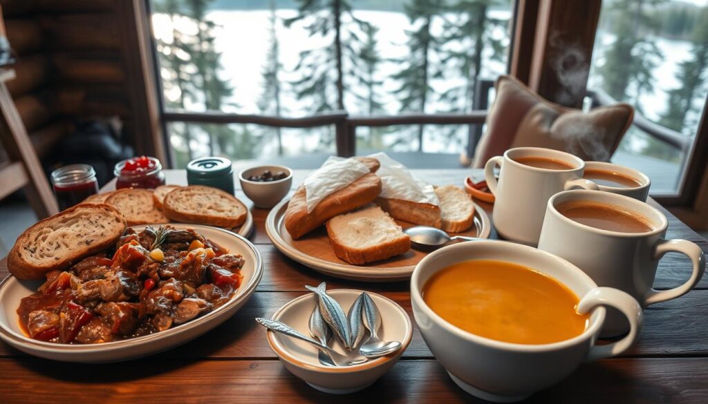 A cozy, rustic scene of traditional Finnish cuisine and beverages. In the foreground, a wooden table displays an assortment of delectable dishes: hearty meat stew, savory rye bread, and a creamy salmon soup. Lingonberry jam, pickled herring, and steaming mugs of fragrant coffee and hot cocoa accent the table. The middle ground features a backdrop of pine trees and a glimpse of a serene lake, casting a warm, natural glow. The lighting is soft and inviting, evoking the hygge atmosphere of a Finnish cabin. The camera angle is slightly elevated, providing a welcoming, bird's-eye view of this quintessential Finnish dining experience. A cozy, rustic scene of traditional Finnish cuisine and beverages. In the foreground, a wooden table displays an assortment of delectable dishes: hearty meat stew, savory rye bread, and a creamy salmon soup. Lingonberry jam, pickled herring, and steaming mugs of fragrant coffee and hot cocoa accent the table. The middle ground features a backdrop of pine trees and a glimpse of a serene lake, casting a warm, natural glow. The lighting is soft and inviting, evoking the hygge atmosphere of a Finnish cabin. The camera angle is slightly elevated, providing a welcoming, bird's-eye view of this quintessential Finnish dining experience.