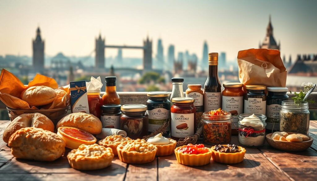 A delectable array of London's culinary specialties arranged artfully on a rustic wooden surface, bathed in warm, natural lighting. In the foreground, a sampling of traditional British baked goods, including flaky meat pies, crumbly scones, and decadent clotted cream tarts. The middle ground showcases an assortment of savory condiments, such as tangy chutneys, piquant mustards, and fragrant herb blends, neatly presented in charming glass jars. In the background, a hazy skyline of iconic London landmarks emerges, hinting at the city's vibrant food culture and rich heritage. The overall composition evokes a sense of traditional craftsmanship, local flavors, and the quintessential allure of British culinary specialties worthy of being carried home as treasured souvenirs.