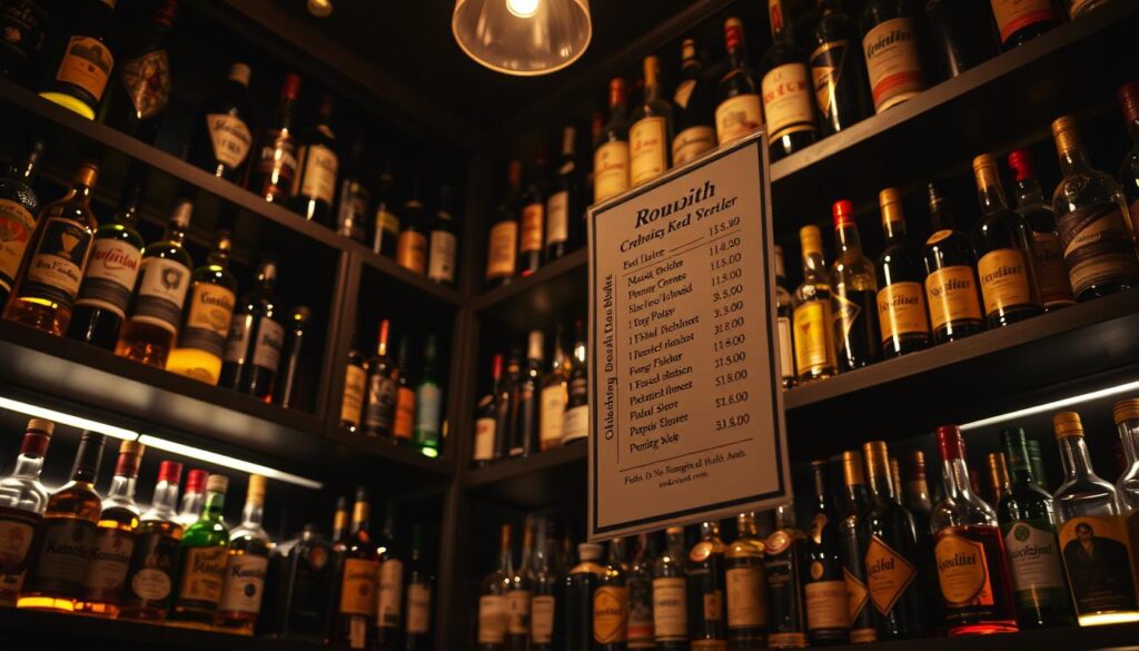 A dimly lit room with shelves stocked full of various Czech alcoholic beverages. The scene is captured from a low angle, highlighting the bottles' intricate labels and the warm, inviting glow of the display. The focus is on a price list prominently showcased, detailing the costs of the different liquors. The overall atmosphere conveys a sense of tradition and the cultural significance of these local spirits. Soft shadows and highlights create depth and a sense of depth, drawing the viewer's attention to the central price information. The image should evoke a feeling of being in a cozy Czech bar or liquor store, ready to explore the diverse range of alcoholic offerings.