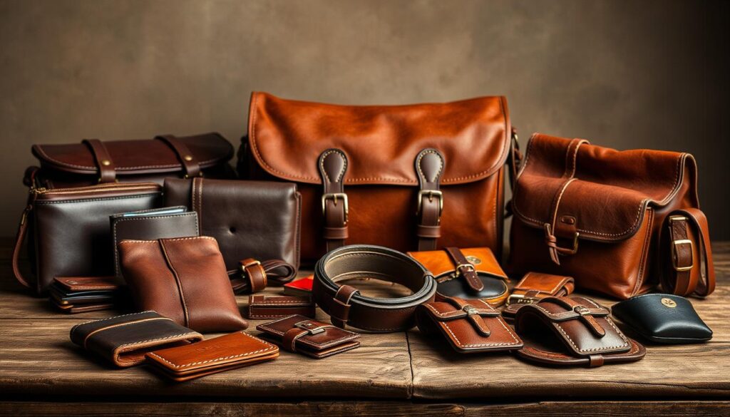A high-quality still-life arrangement showcasing an assortment of authentic Albanian leather goods. In the foreground, an array of handcrafted leather items such as wallets, belts, and bags are displayed on a rustic wooden surface, their supple textures and rich hues capturing the artisanal craftsmanship of the region. In the middle ground, a well-worn, vintage-style leather briefcase or satchel sits alongside these smaller pieces, hinting at the durability and functionality of Albanian leather products. The background features a muted, earthy tone, perhaps with subtle shadows and highlights to emphasize the lighting and create a sense of depth, allowing the leather goods to take center stage. The overall mood is one of authentic, timeless quality that would entice the viewer to consider these leather wares as the ideal souvenirs from a trip to Albania.