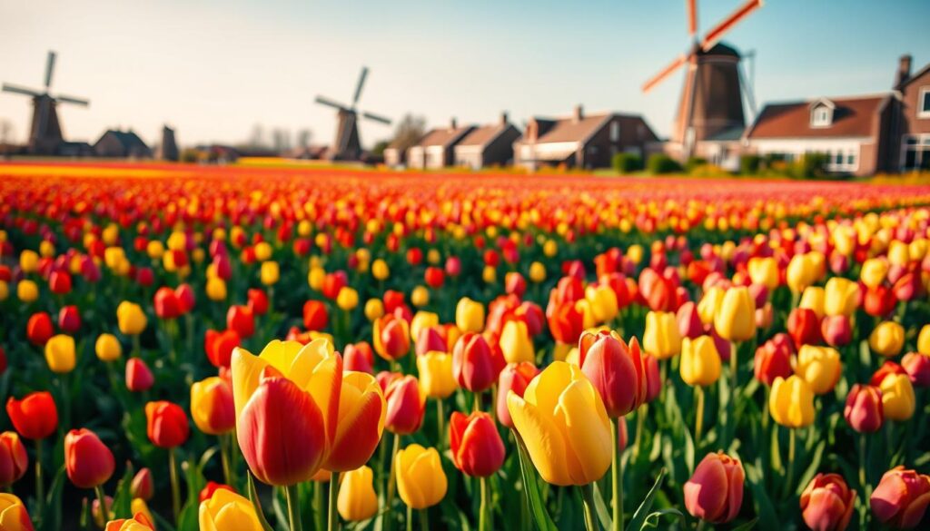 A lush, vibrant field of colorful tulips in full bloom, stretching out under a warm, golden afternoon light. In the foreground, a bouquet of freshly cut tulips in shades of red, yellow, and pink stands out, their petals gently swaying in a light breeze. In the middle ground, row upon row of tulips sway, creating a mesmerizing pattern of colors. The background features the iconic Dutch architecture, with charming brick buildings and a windmill visible on the horizon, adding to the picturesque, quintessential Dutch landscape. The scene exudes a sense of tranquility and joy, perfectly capturing the essence of tulips as a beloved symbol of the Netherlands. A lush, vibrant field of colorful tulips in full bloom, stretching out under a warm, golden afternoon light. In the foreground, a bouquet of freshly cut tulips in shades of red, yellow, and pink stands out, their petals gently swaying in a light breeze. In the middle ground, row upon row of tulips sway, creating a mesmerizing pattern of colors. The background features the iconic Dutch architecture, with charming brick buildings and a windmill visible on the horizon, adding to the picturesque, quintessential Dutch landscape. The scene exudes a sense of tranquility and joy, perfectly capturing the essence of tulips as a beloved symbol of the Netherlands.