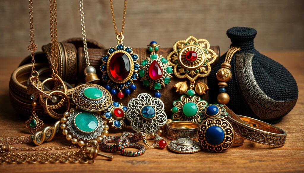A still life arrangement showcasing traditional Romanian jewelry and accessories. In the foreground, delicate filigree necklaces, bracelets, and rings in intricate metalwork patterns glimmer under soft, warm lighting. In the middle ground, ornate pendants and brooches in rich hues of ruby, emerald, and lapis lazuli reflect the colors of the Romanian landscape. In the background, a subtle textured backdrop suggests the handcrafted nature of these handmade treasures. The overall scene exudes an air of timeless elegance and cultural heritage. A still life arrangement showcasing traditional Romanian jewelry and accessories. In the foreground, delicate filigree necklaces, bracelets, and rings in intricate metalwork patterns glimmer under soft, warm lighting. In the middle ground, ornate pendants and brooches in rich hues of ruby, emerald, and lapis lazuli reflect the colors of the Romanian landscape. In the background, a subtle textured backdrop suggests the handcrafted nature of these handmade treasures. The overall scene exudes an air of timeless elegance and cultural heritage.