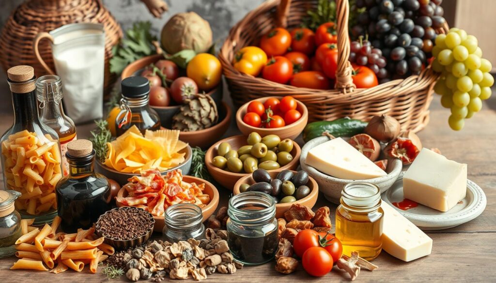 A still life showcasing a variety of traditional Roman food souvenirs, captured in warm, natural lighting. In the foreground, an assortment of colorful pasta shapes, dried herbs, and small glass jars of olive oil and balsamic vinegar. The middle ground features handcrafted ceramic dishes filled with cured meats, olives, and wedges of pecorino cheese. In the background, a woven basket overflows with fresh produce like tomatoes, artichokes, and bunches of grapes. The overall scene exudes the rich, authentic flavors and rustic charm of the Eternal City.