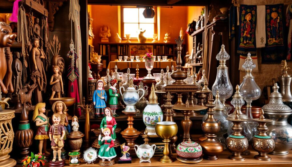 A vibrant display of Slovak cultural artifacts, showcased against a warm, earthy backdrop. In the foreground, an array of traditional handicrafts - intricate wooden carvings, vibrant embroidered textiles, and delicate porcelain figurines. In the middle ground, a collection of ornate glassware and metalwork, each piece a testament to the skilled craftmanship of the Slovak people. In the background, a glimpse of a rustic interior, with natural lighting filtering through a window, casting a soft, golden glow over the scene. The overall atmosphere evokes a sense of timeless heritage and the enduring spirit of Slovak culture.
