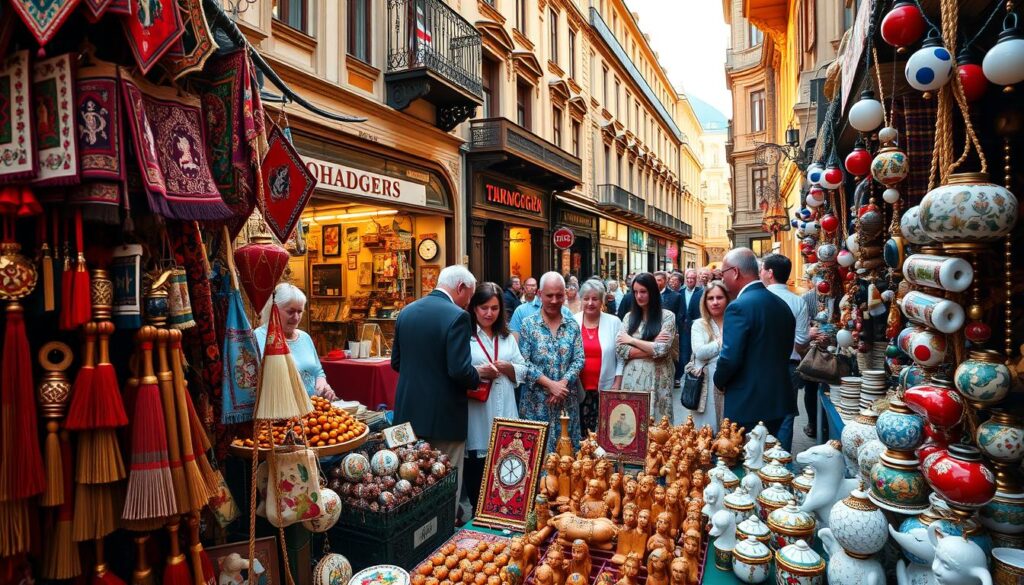 A vibrant display of traditional Hungarian souvenirs and trinkets in a bustling marketplace. In the foreground, an array of colorful handcrafted items including embroidered textiles, carved wooden figurines, and intricate porcelain pieces. The middle ground features vendors haggling with customers, showcasing the lively atmosphere of the market. In the background, the ornate architecture of historic Budapest buildings sets the scene, bathed in warm, golden sunlight filtering through the narrow streets. The overall mood is one of cultural richness, where the cost of these unique mementos is as much a part of the experience as the items themselves. A vibrant display of traditional Hungarian souvenirs and trinkets in a bustling marketplace. In the foreground, an array of colorful handcrafted items including embroidered textiles, carved wooden figurines, and intricate porcelain pieces. The middle ground features vendors haggling with customers, showcasing the lively atmosphere of the market. In the background, the ornate architecture of historic Budapest buildings sets the scene, bathed in warm, golden sunlight filtering through the narrow streets. The overall mood is one of cultural richness, where the cost of these unique mementos is as much a part of the experience as the items themselves.