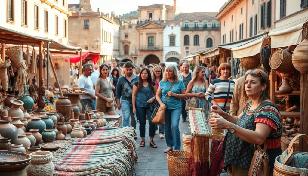 A vibrant market square bustling with local artisans showcasing their handcrafted wares. In the foreground, a skilled weaver demonstrating the intricate process of creating a colorful, eco-friendly tapestry. Surrounding them, a diverse array of pottery, woodcarvings, and natural fiber baskets, each piece a unique expression of the region's traditional craftsmanship. In the middle ground, a group of enthusiastic eco-tourists browse the stalls, engaging with the artisans and learning about the sustainable practices that go into these bespoke creations. The scene is bathed in warm, golden light, conveying a sense of authenticity and community. In the background, the historic architecture of the town serves as a picturesque backdrop, underscoring the deep roots of these local traditions.