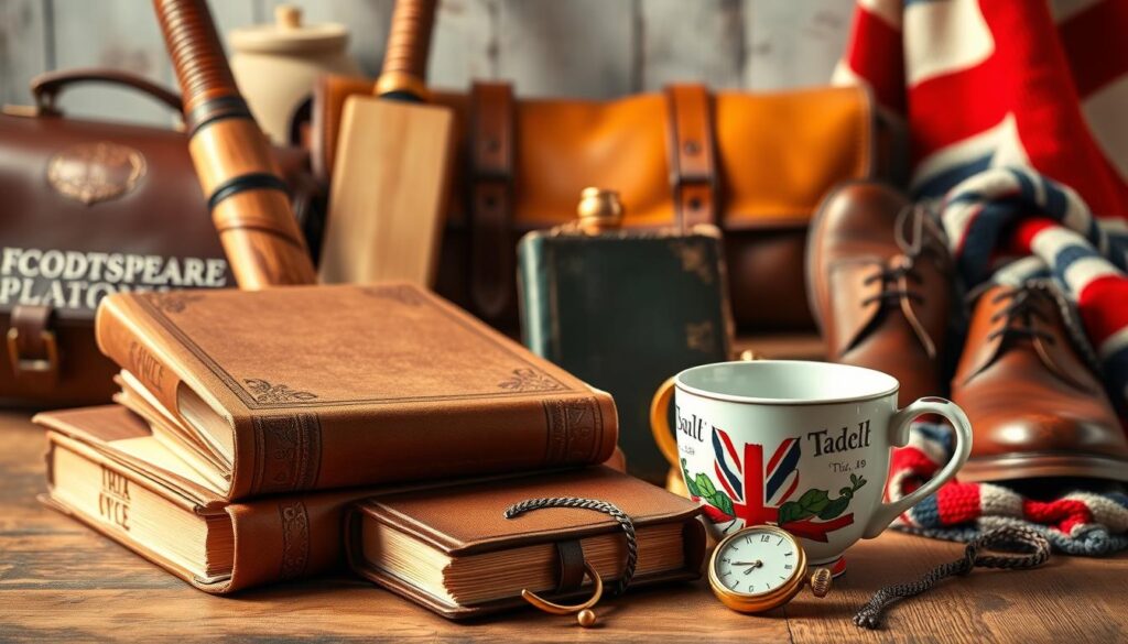 A vibrant still life arrangement showcasing a collection of quintessential English cultural and sports-related gadgets. In the foreground, a classic hardbound book on football tactics, a vintage leather-bound journal, and a porcelain teacup adorned with a subtle Union Jack pattern. In the middle ground, a handcrafted wooden cricket bat, a brass pocket watch, and a leather-bound tome on Shakespearean plays. The background features a well-worn leather satchel, a pair of leather-soled Oxford shoes, and a hand-knitted scarf in the colors of the English flag. Warm, natural lighting casts a gentle glow over the scene, evoking a sense of timeless British sophistication. A vibrant still life arrangement showcasing a collection of quintessential English cultural and sports-related gadgets. In the foreground, a classic hardbound book on football tactics, a vintage leather-bound journal, and a porcelain teacup adorned with a subtle Union Jack pattern. In the middle ground, a handcrafted wooden cricket bat, a brass pocket watch, and a leather-bound tome on Shakespearean plays. The background features a well-worn leather satchel, a pair of leather-soled Oxford shoes, and a hand-knitted scarf in the colors of the English flag. Warm, natural lighting casts a gentle glow over the scene, evoking a sense of timeless British sophistication.