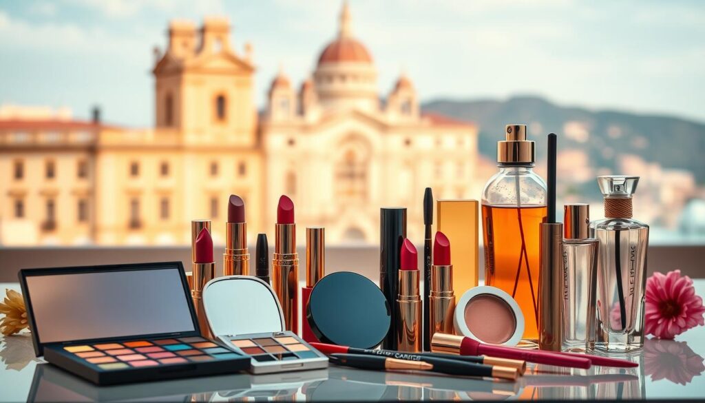 A visually striking still-life composition showcasing a variety of makeup products characteristic of the Malaga region of Spain. The foreground features an array of colorful eyeshadow palettes, lush lipsticks, and elegant compacts, arranged with a careful eye for balance and harmony. The middle ground introduces complementary beauty tools like makeup brushes, mascara wands, and luxury glass bottles of perfume, all bathed in warm, diffused lighting that creates a sense of opulence. The background gently fades into a soft, blurred scene of iconic Malaga architecture, hinting at the rich cultural heritage that inspires these high-quality cosmetics. An atmosphere of sophistication, allure, and Mediterranean charm permeates the entire composition. A visually striking still-life composition showcasing a variety of makeup products characteristic of the Malaga region of Spain. The foreground features an array of colorful eyeshadow palettes, lush lipsticks, and elegant compacts, arranged with a careful eye for balance and harmony. The middle ground introduces complementary beauty tools like makeup brushes, mascara wands, and luxury glass bottles of perfume, all bathed in warm, diffused lighting that creates a sense of opulence. The background gently fades into a soft, blurred scene of iconic Malaga architecture, hinting at the rich cultural heritage that inspires these high-quality cosmetics. An atmosphere of sophistication, allure, and Mediterranean charm permeates the entire composition.
