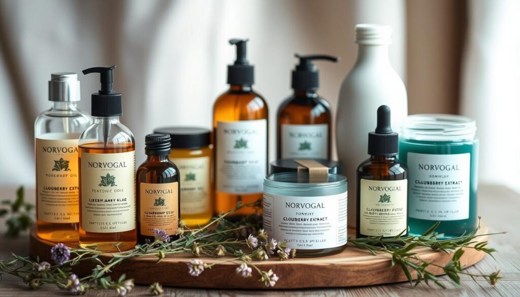 A beautifully arranged still life of natural Norwegian skincare products, captured in soft, natural lighting. The foreground features an assortment of glass bottles and jars, each filled with pure, organic ingredients like rosehip oil, cloudberry extract, and arctic birch sap. The middle ground showcases a wooden tray or surface, with scattered sprigs of wild herbs and flowers, adding a touch of rustic elegance. The background is blurred, creating a sense of depth and focus on the high-quality, sustainable cosmetics. The overall mood is serene, inviting, and reflective of the pure, rejuvenating nature of these Norwegian beauty treasures.