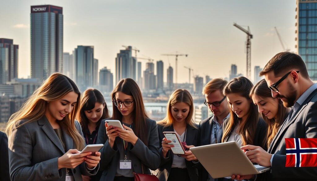 A bustling Norwegian city skyline, with modern high-rise buildings and cranes dotting the horizon. In the foreground, a group of diverse job seekers, dressed professionally, perusing online job listings on their smartphones and laptops. The scene is bathed in warm, golden natural light, conveying a sense of opportunity and optimism. Subtle hints of Norwegian flags and emblems suggest the cultural context. The overall tone is one of focused determination, as the job seekers navigate the digital landscape to find their next career move in Norway.