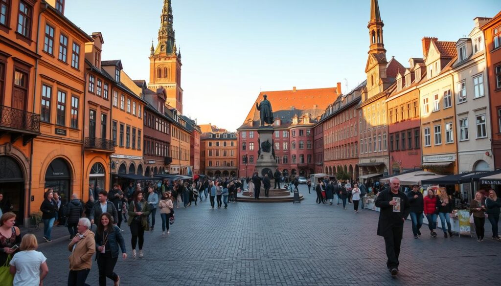 A bustling cobblestone square in the heart of Gamla Stan, Stockholm's picturesque old town. Quaint medieval buildings in warm ochre and terracotta hues line the square, their ornate facades casting long shadows in the golden afternoon light. Clusters of locals and tourists mingle, admiring the historic architecture and browsing the charming boutiques and cafes. In the center, a grand statue stands tall, its bronze figure commanding attention. The square is framed by a towering church spire and the iconic red-brick buildings of the Swedish parliament, creating a timeless, quintessentially Scandinavian scene. A sense of timeless wonder and historic grandeur pervades the air, inviting the viewer to step back in time and explore the key attractions of this enchanting city.