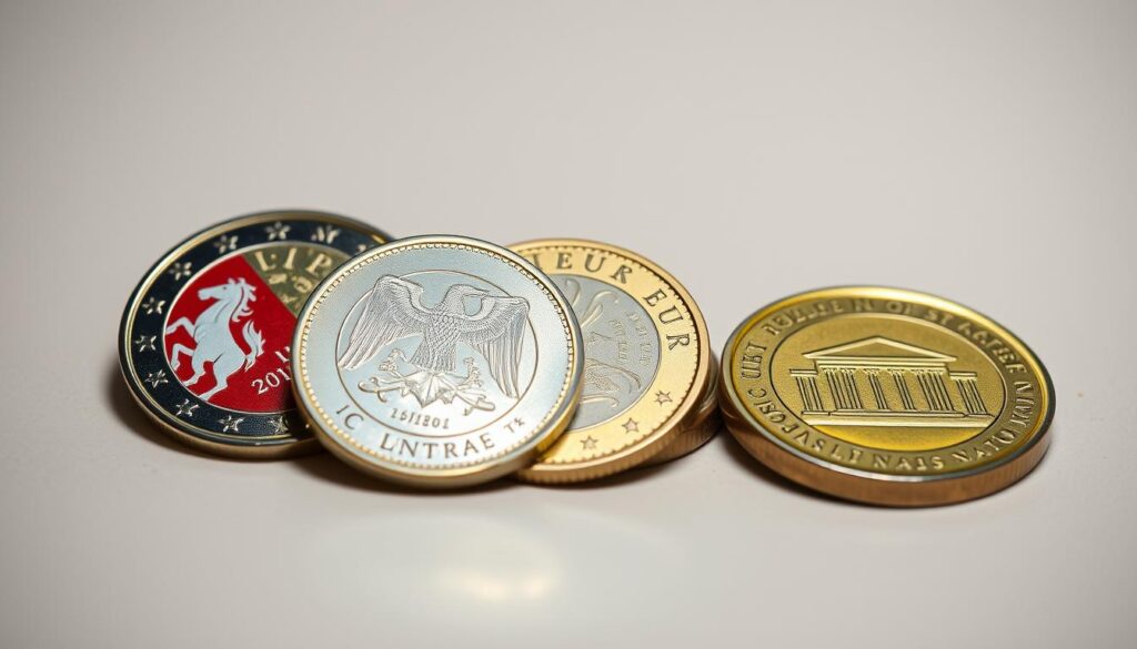 A close-up view of Lithuanian euro coins resting on a neutral, reflective surface, captured under bright, even lighting from an overhead source. The coins are positioned to prominently display the national symbols, such as the Vytis (the white knight on a red background), the Columns of Gediminas, and the Altar of the Nation. The image focuses on the intricate designs and details of the coins, conveying a sense of craftsmanship and national pride. The composition is balanced, with the coins arranged in a visually appealing manner, allowing the viewer to appreciate the unique characteristics of each denomination.