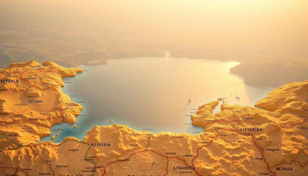 A detailed map of the countries surrounding the Gulf of Riga, illuminated by warm, natural lighting and captured from an elevated, panoramic perspective. The foreground features the distinct coastlines and borders of Estonia, Latvia, and Russia, with their capital cities and major ports clearly visible. The middle ground showcases the expanse of the Gulf of Riga, its waters glistening under the soft, diffused light. In the background, the landmasses of Lithuania and Belarus can be seen, blending seamlessly into the horizon. The overall scene conveys a sense of geographic context and spatial awareness, allowing the viewer to clearly understand the relative positioning of the countries neighboring the Gulf of Riga.