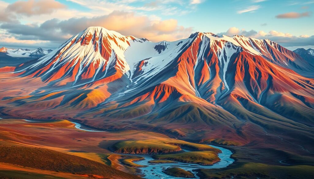 A detailed map of the most prominent volcanoes in Iceland, showcasing their locations, shapes, and geological features. Majestic snow-capped peaks rise against a vibrant, otherworldly landscape, with lush meadows and glacial rivers in the foreground. The image should capture the rugged, dynamic nature of Iceland's volcanic terrain, inviting viewers to explore these awe-inspiring natural wonders. Utilize a wide, panoramic composition to emphasize the scale and grandeur of the scene, with warm, natural lighting accentuating the textures and colors of the volcanic formations. The overall mood should convey a sense of adventure, discovery, and the powerful forces that have shaped this unique and captivating corner of the world.