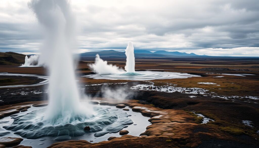 A dramatic landscape of Iceland's most renowned geysers, captured in stunning detail. In the foreground, the iconic Great Geysir erupts, its powerful stream of scalding water reaching towards the sky. Surrounding it, a field of smaller, steaming vents dot the rugged, mossy terrain. In the middle ground, the Strokkur geyser periodically bursts forth, its sphere of water and steam suspended in a split second. Beyond, a panoramic vista of the Icelandic highlands unfolds, with distant mountains shrouded in mist under a dramatic, moody sky. The scene conveys the raw, primordial power and natural wonder of these remarkable geothermal features.