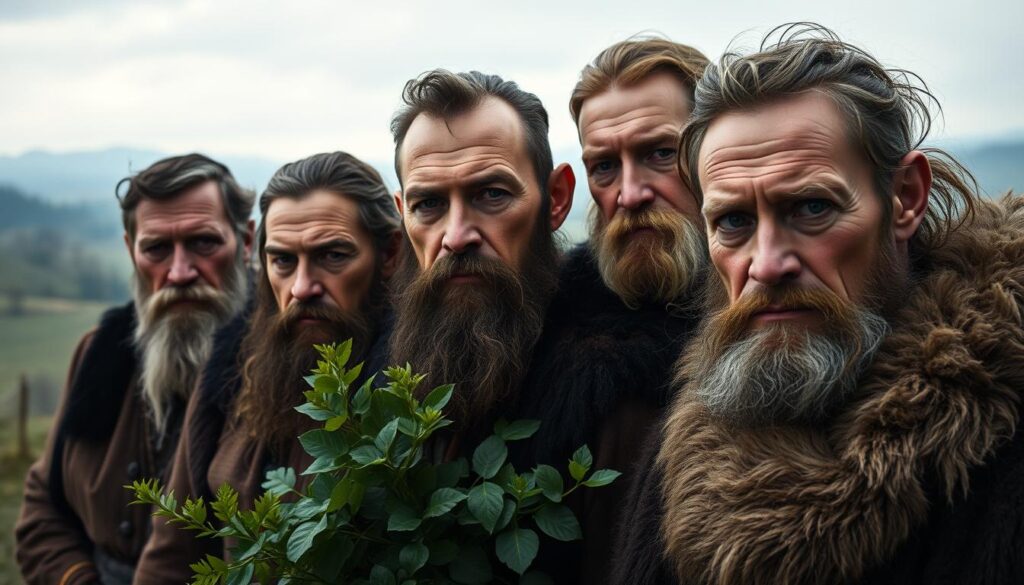 A group of Baltic people, standing proudly in a serene, natural setting. In the foreground, their weathered, rugged faces convey a sense of stoicism and resilience, with high cheekbones, prominent noses, and intense, piercing eyes. Their thick, wavy hair and fur-trimmed garments suggest a connection to the harsh, northern climate. In the middle ground, the figures are surrounded by lush, verdant foliage, hinting at their deep ties to the land. The background features a gently rolling landscape, with distant hills and a hazy, overcast sky, creating a moody, atmospheric tone. Soft, diffused lighting illuminates the scene, casting subtle shadows and highlights that accentuate the subjects' distinctive features. The overall composition aims to capture the essence of the Baltic people's physical characteristics and their symbiotic relationship with their natural environment.