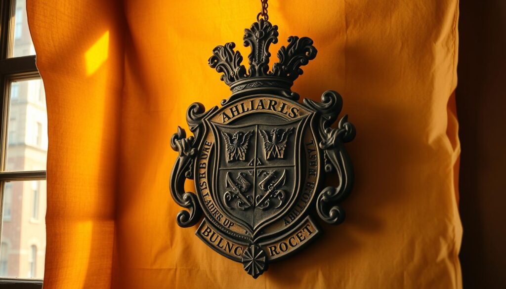 A majestic family crest, expertly carved in intricate detail, hangs against a backdrop of old, weathered parchment. The crest's rich heraldic symbols and Nordic runes hint at the storied history and cultural significance of Danish surnames. Warm, golden light filters through a window, casting a soft glow and lending an air of antiquity to the scene. The overall composition evokes a sense of tradition, heritage, and the profound meaning embedded within these ancestral names.