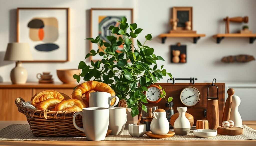 A meticulously crafted still life arrangement of uniquely Danish design objects and trinkets, illuminated by warm, natural lighting. In the foreground, a hand-woven basket overflows with traditional Danish pastries and handmade ceramic mugs. Artfully placed around it are iconic Danish design pieces - a sleek, minimalist vase, a modern wooden clock, and a delicate porcelain figurine. In the middle ground, a lush, verdant houseplant adds a touch of organic charm. The background features a crisp, white wall with strategically placed shelves displaying additional Danish design treasures, such as a striking abstract painting and a set of hand-carved wooden toys. The overall scene exudes a sense of understated elegance and celebration of Danish cultural heritage.