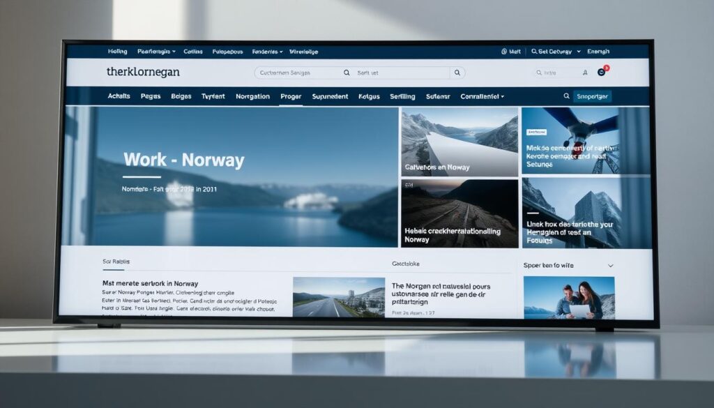 A modern, sleek Norwegian news website interface, showcasing various headlines and articles about finding work in Norway. The layout is clean and minimalist, with a focus on typography and high-quality imagery. The color palette features muted tones of blue, gray, and white, creating a professional and elegant atmosphere. The page is displayed on a large, high-resolution screen, with a subtle reflection visible on the surface. The lighting is soft and natural, highlighting the details of the user interface and creating a sense of depth and dimensionality. The overall impression is one of a comprehensive and user-friendly platform for discovering employment opportunities in Norway.