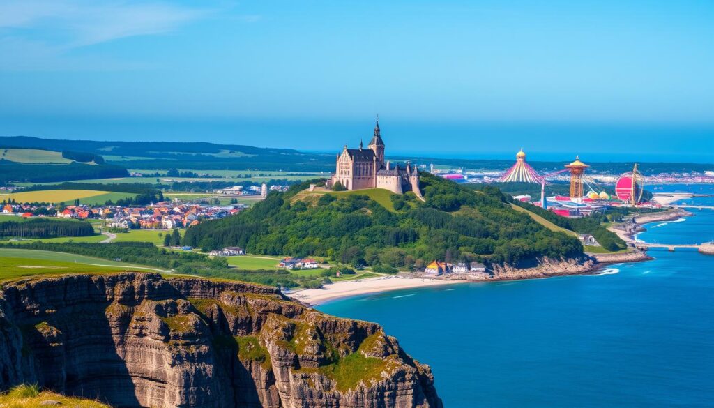 A picturesque landscape of Jutland, Denmark's northern peninsula, showcasing its premier tourist attractions. In the foreground, a breathtaking coastal vista with rugged cliffs, pristine beaches, and azure waters. Framing the scene, lush green hills and forests dotted with charming Danish villages. In the middle ground, a majestic medieval castle perched atop a hill, its towers and turrets rising into the clear sky. In the background, the iconic Tivoli Gardens amusement park, its colorful rides and vibrant lights creating a sense of whimsical adventure. The overall composition captures the natural beauty, rich history, and lively entertainment that define the essential attractions of Jutland, Denmark.