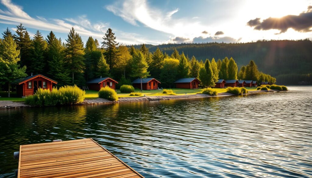 A picturesque scene of charming wooden cabins nestled along the serene shores of a tranquil Finnish lake. The cabins, known as "finlandia domki", are bathed in warm, golden sunlight that filters through wispy clouds. In the foreground, a wooden dock extends into the still, reflective waters, inviting visitors to engage in various lake activities. The middle ground showcases lush, verdant trees and bushes lining the shoreline, creating a natural, serene atmosphere. The background features rolling hills and distant forests, completing the idyllic Finnish landscape. The overall mood is one of peaceful relaxation and outdoor adventure, capturing the essence of the "Jeziora w Finlandii" region.