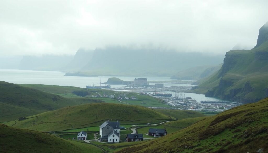 A scenic landscape of the Faroe Islands, showcasing the rugged, windswept terrain and dramatic coastal cliffs. In the foreground, a charming village nestled between rolling green hills, with traditional houses and turf-roofed buildings. In the middle ground, a harbor scene with fishing boats and docks, hinting at the island's economic activities. In the background, towering mountains and fog-shrouded peaks, creating a sense of isolation and remoteness. The scene is bathed in soft, diffused natural lighting, capturing the moody, atmospheric qualities of the islands. The overall composition conveys a sense of the island's unique natural beauty, as well as the practical realities of life and work in this remote Nordic archipelago. A scenic landscape of the Faroe Islands, showcasing the rugged, windswept terrain and dramatic coastal cliffs. In the foreground, a charming village nestled between rolling green hills, with traditional houses and turf-roofed buildings. In the middle ground, a harbor scene with fishing boats and docks, hinting at the island's economic activities. In the background, towering mountains and fog-shrouded peaks, creating a sense of isolation and remoteness. The scene is bathed in soft, diffused natural lighting, capturing the moody, atmospheric qualities of the islands. The overall composition conveys a sense of the island's unique natural beauty, as well as the practical realities of life and work in this remote Nordic archipelago.
