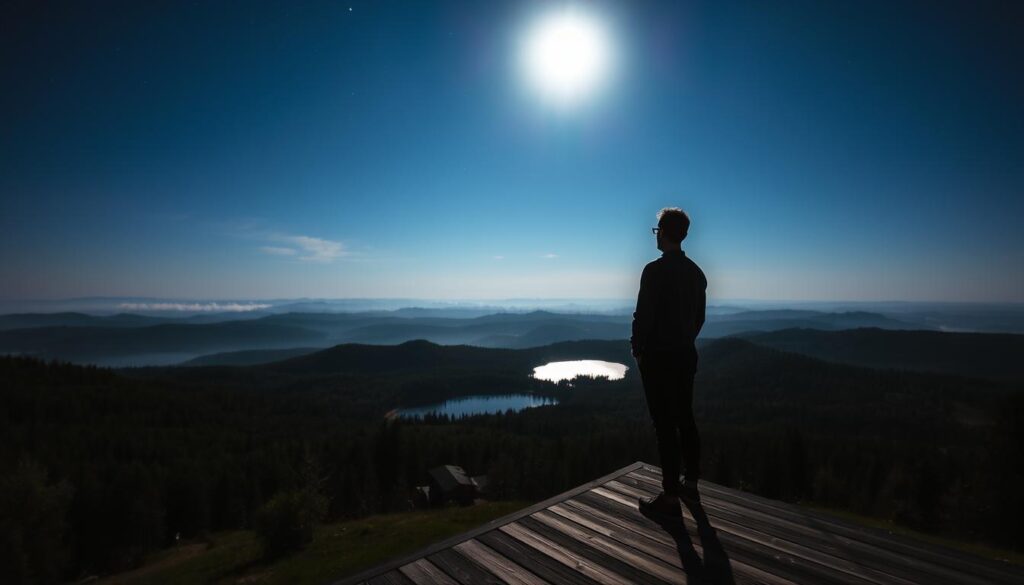 A serene night scene in the Polish countryside, with a sprawling landscape of rolling hills and lush forests bathed in the ethereal glow of the "białe noce" (white nights) phenomenon. In the foreground, a silhouetted figure stands on a wooden observation deck, gazing up at the captivating display of the midnight sun. The sky is a breathtaking gradient of deep blues and soft pinks, creating an almost surreal, dreamlike atmosphere. Gentle shadows dance across the scene, while the reflections of the natural light ripple on a tranquil lake in the middle ground. The overall composition evokes a sense of wonder and contemplation, inviting the viewer to experience the unique natural beauty of this Polish natural wonder.