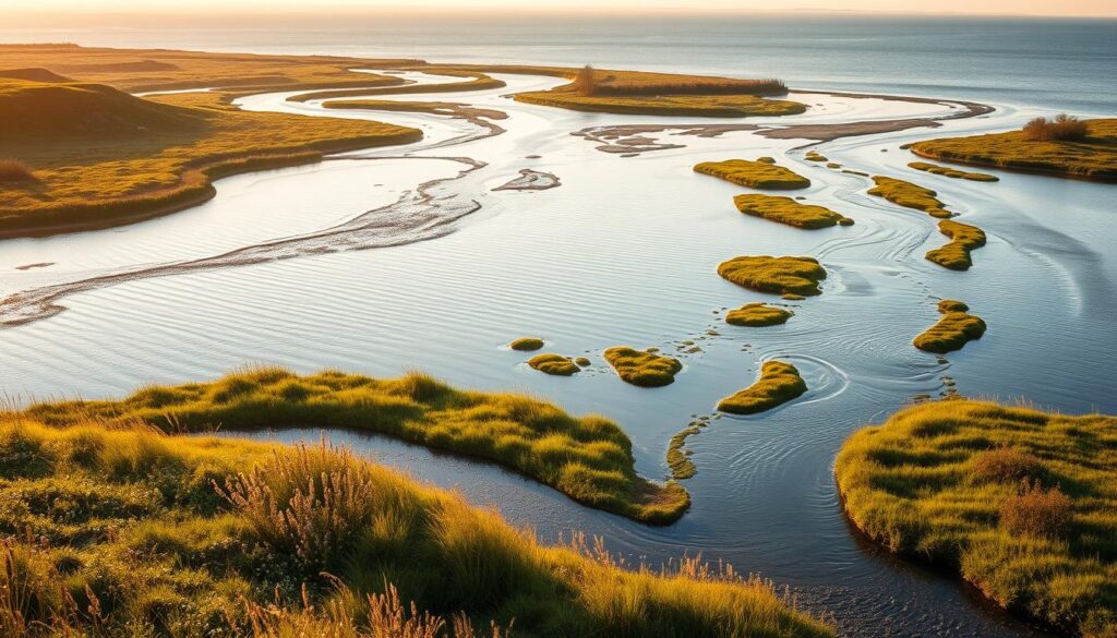 A serene, picturesque landscape depicting a group of smaller rivers and streams flowing gently into the vast, tranquil waters of the Baltic Sea. In the foreground, a winding river winds its way through lush, verdant banks, with clusters of wildflowers and tall grasses lining the shores. The middle ground features a series of interconnected waterways, each with its own unique character, from narrow, babbling brooks to broader, more languid tributaries. In the background, the Baltic Sea stretches out to the horizon, its calm, azure surface reflecting the surrounding landscape. The scene is bathed in warm, golden sunlight, creating a sense of peace and tranquility. The overall composition evokes a feeling of intimate connection with the natural world and the intricate network of rivers that feed into the larger body of water.