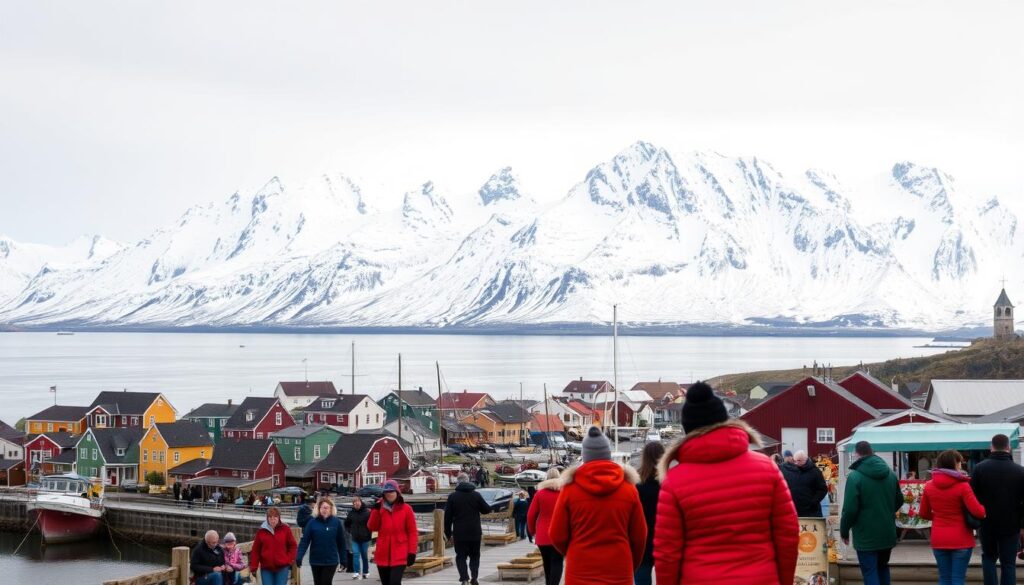A stunning coastal town nestled against rugged mountains, Nuuk, the capital of Greenland, showcases the everyday life of its resilient residents. In the foreground, colorful houses dotting the hillside reflect the vibrant local culture. People stroll along the harbor, bundled in warm parkas, navigating the icy winds. Fishing boats sway gently in the icy waters, a testament to the island's reliance on the sea. The middle ground features a bustling marketplace, where vendors offer an array of traditional Inuit crafts and fresh seafood. In the background, the imposing, snow-capped peaks of the Sermitsiaq mountain range create a majestic, awe-inspiring backdrop, evoking the rugged, untamed beauty of Greenland. The scene is bathed in a soft, diffused light, conveying a sense of tranquility and timelessness.
