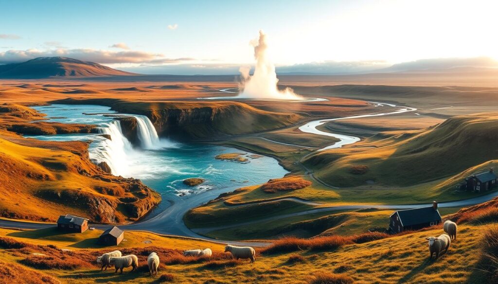 A sweeping panoramic view of Iceland's Golden Circle, captured in warm, golden light. The rolling hills and lush, mossy terrain are punctuated by the iconic Gullfoss waterfall, its powerful cascades crashing into a deep, turquoise pool. In the distance, the majestic Strokkur geyser erupts, sending a towering plume of steam skyward. The foreground is dotted with picturesque farmhouses and grazing sheep, framing the breathtaking natural wonders. The scene is photographed with a wide-angle lens, highlighting the grandeur and scale of this enchanting Icelandic landscape.