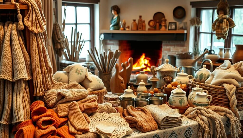 A traditional Swedish craft showcase, featuring a vibrant display of handmade wares. In the foreground, intricate knitted sweaters, mittens, and scarves in a cozy palette of natural hues. Delicate lace doilies and embroidered table linens add a touch of elegance. In the middle ground, carved wooden figurines, pewter mugs, and hand-painted ceramics evoke the rustic charm of Scandinavian design. The background is filled with the warm glow of a crackling fireplace, casting a soft, inviting light across the scene. Hints of birch wood, woven baskets, and woolen textiles create a cohesive, traditional ambiance. The overall composition captures the essence of Sweden's rich heritage of artisanal craftsmanship. A traditional Swedish craft showcase, featuring a vibrant display of handmade wares. In the foreground, intricate knitted sweaters, mittens, and scarves in a cozy palette of natural hues. Delicate lace doilies and embroidered table linens add a touch of elegance. In the middle ground, carved wooden figurines, pewter mugs, and hand-painted ceramics evoke the rustic charm of Scandinavian design. The background is filled with the warm glow of a crackling fireplace, casting a soft, inviting light across the scene. Hints of birch wood, woven baskets, and woolen textiles create a cohesive, traditional ambiance. The overall composition captures the essence of Sweden's rich heritage of artisanal craftsmanship.