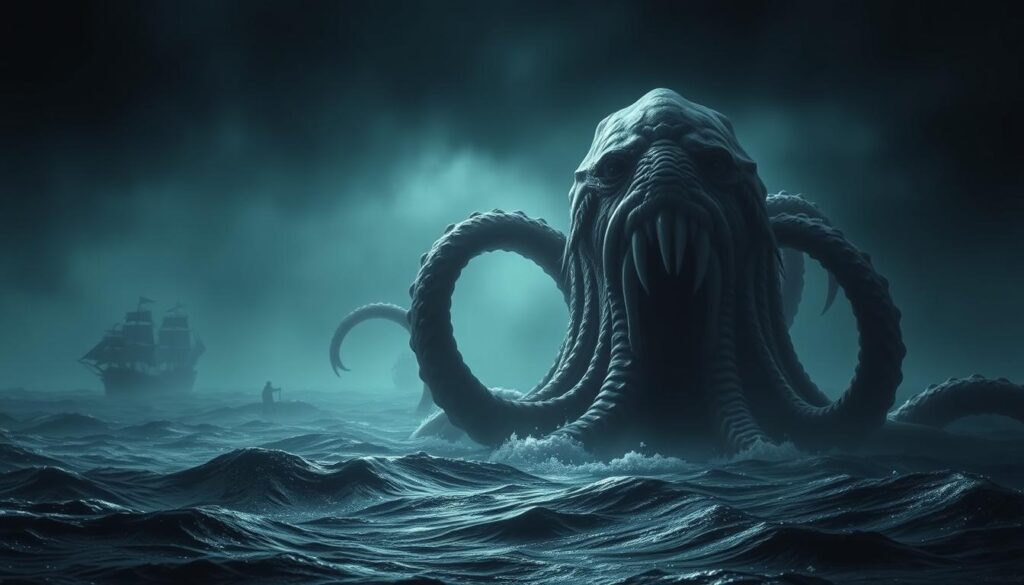 A vast, mysterious ocean stretches out, its depths concealing ancient secrets. In the foreground, a massive, tentacled creature emerges from the murky waters, its piercing eyes and gaping maw hinting at untold power. The lighting is dramatic, casting deep shadows and highlighting the creature's ominous presence. The angle is low, emphasizing the sheer scale and dominance of the kraken. In the background, ghostly silhouettes of ships and sailors evoke the legends of these legendary beasts, their fate unknown. The overall atmosphere is one of awe, fear, and the enduring mysteries of the deep.