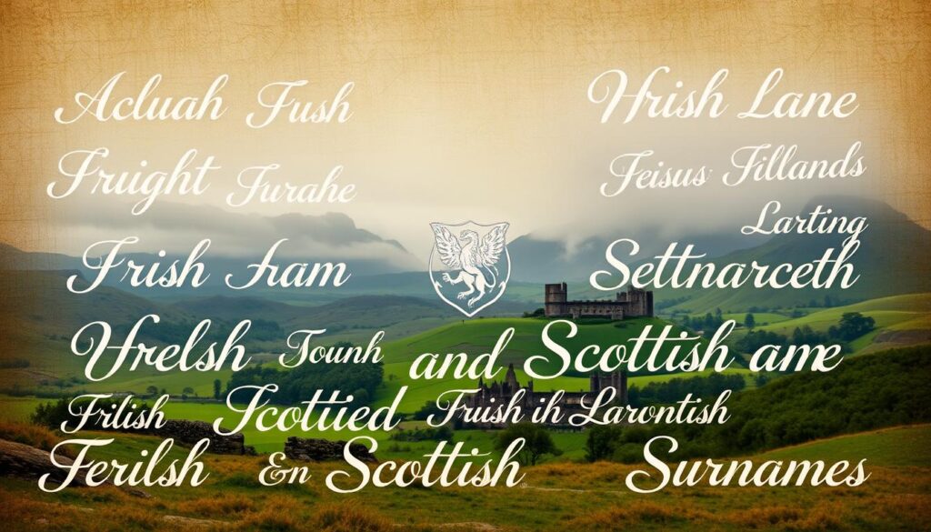 A vibrant collage of the most common Irish and Scottish surnames, presented against a richly textured background that evokes the rugged, mist-shrouded landscapes of the Celtic nations. In the foreground, a dynamic arrangement of elegant calligraphic script showcases a selection of the iconic family names, their intricate letterforms evoking the heritage and history of these proud lineages. The middle ground features a subtly stylized heraldic design, hinting at the noble origins and symbolic significance of these ancestral identities. In the background, a panoramic vista of rolling hills, ancient castles, and verdant forests sets the scene, imbuing the image with a sense of timeless tradition and cultural legacy.