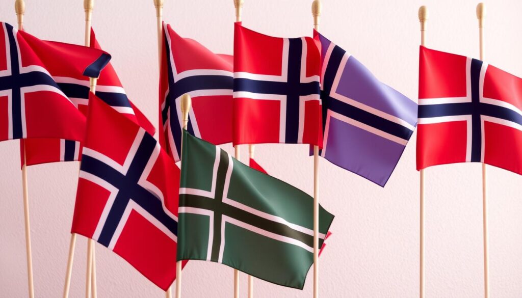 A vibrant display of Scandinavian flags, each emblazoned with the iconic Nordic cross. The flags flutter gently in a soft, diffused light, their colors rich and vivid against a subtly textured background. The cross, a symbol of deep cultural significance, stands tall and proud, its simple yet elegant design evoking a sense of tradition and unity. The arrangement is carefully composed, creating a harmonious and visually striking scene that captures the essence of Scandinavian heritage and the meaning behind the Nordic cross.