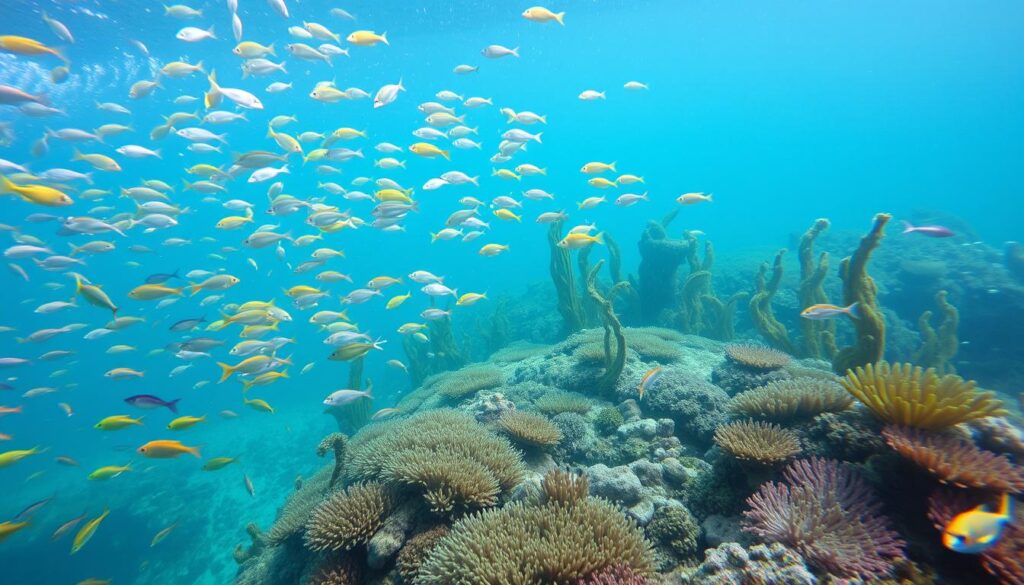 A vibrant underwater scene teeming with the diverse marine life of the Greenland Sea. In the foreground, schools of colorful fish dart through the crystalline waters, their scales glimmering in the soft, diffused light. In the middle ground, graceful sea anemones and swaying kelp forests sway gently, creating a mesmerizing dance. In the background, the silhouettes of larger creatures, such as seals or whales, can be glimpsed in the distance, hinting at the rich biodiversity of this cold, yet thriving ecosystem. The overall atmosphere is one of serene wonder, capturing the beauty and delicate balance of the Greenland Sea's unique marine fauna.