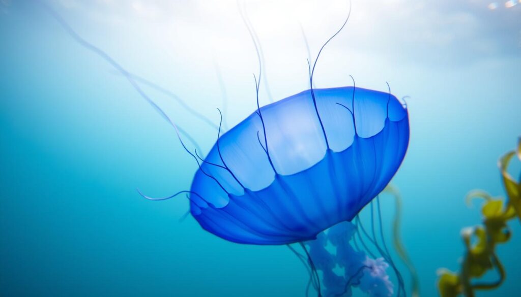 A vivid close-up of a blue jellyfish, its delicate tentacles gently swaying in the Baltic Sea's cool, clear waters. The jellyfish's translucent, pulsing bell is the focal point, surrounded by a hazy, underwater scene with a touch of green seaweed in the background. Soft, natural lighting filters through the water, casting a serene, ethereal glow on the scene. The image conveys the graceful, yet potentially hazardous nature of these marine creatures, alluding to their ability to sting without being overly graphic.