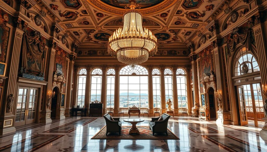 An opulent interior of the Royal Palace in Stockholm, Sweden, showcasing its grand, ornate architecture. The foreground features a large, majestic chandelier illuminating the lavish marble floors and richly decorated walls. In the middle ground, intricate tapestries, antique furniture, and grand columns create a sense of regal elegance. The background reveals sweeping vistas through the palace's ornate windows, offering glimpses of the picturesque city skyline beyond. The overall atmosphere exudes a harmonious blend of historical grandeur and refined sophistication, capturing the essence of the iconic Royal Palace's guided tour experience.