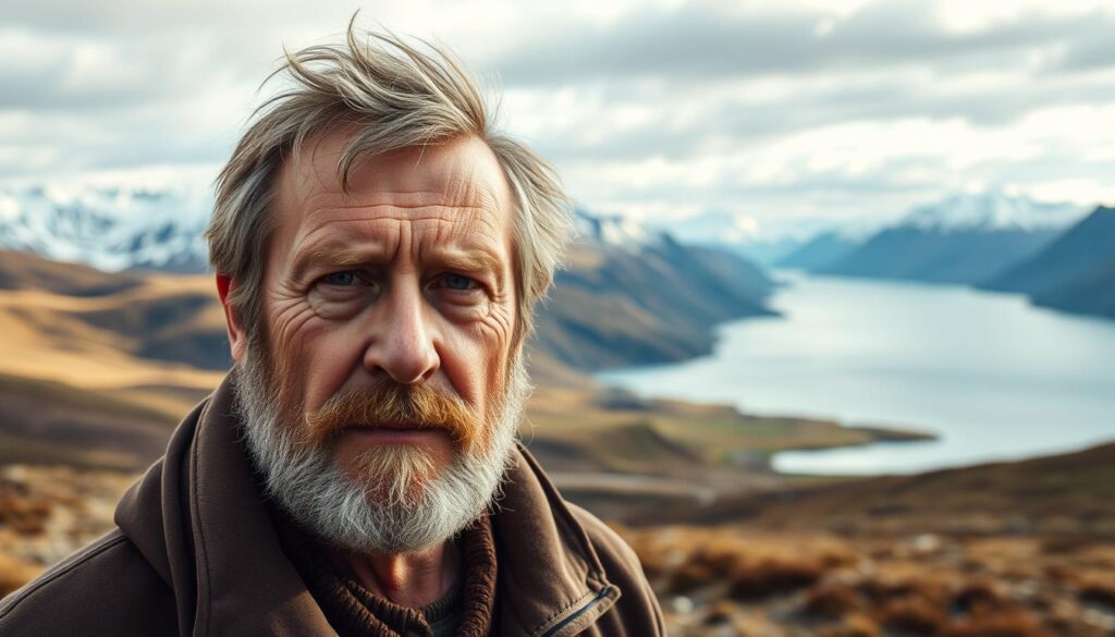 Patronymic Icelandic surnames in a serene Nordic landscape. A portrait of a middle-aged Icelandic man, his face weathered by the rugged elements, stands in the foreground. Behind him, a backdrop of rolling hills, snow-capped mountains, and a tranquil fjord. The scene is bathed in soft, diffused natural lighting, highlighting the man's rugged features and the stunning natural beauty of the Icelandic terrain. The overall mood is one of quiet contemplation, reflecting the deep-rooted cultural traditions that shape Icelandic identity and surname conventions.