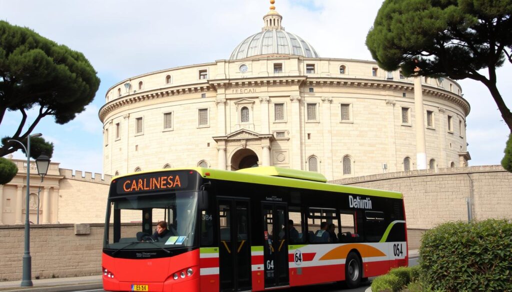 Autobus linii 64 w Rzymie przejeżdżający obok Zamku Świętego Anioła w drodze do Watykanu